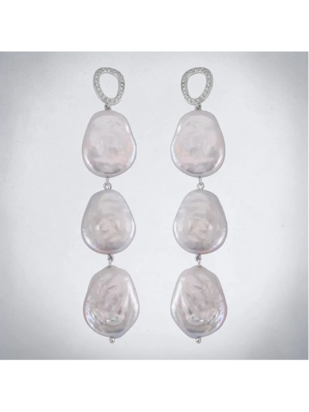 Sterling Silver 3-Tier Linear 16-17MM White Kashi Pearl & White Zircon Earrings